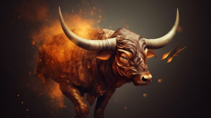 a bull with horns and fire - obrazy, fototapety, plakaty