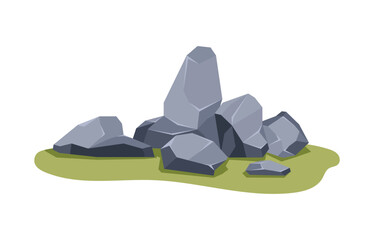 Stones and rocks piled up on grass, flat vector illustration isolated on white.