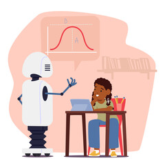 Student Girl Character Learning Robot. Chatbot Assists Kid In Algebra, Answering Questions, Providing Guidance