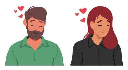 Loving People, Man and Woman In Love Wear Radiant Smiles, Eyes Downcast. Blush Adorns Characters Cheeks, Vector