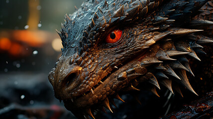 Una fotografía impactante y realista centrada en la cabeza de un dragón. - obrazy, fototapety, plakaty