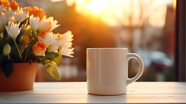 Mockup tazas b&ntilde;lancas con flores para el dia de la mandre