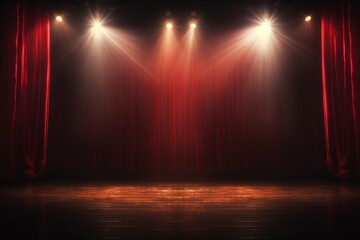 Theater Stage with Red Curtains and Spotlight - obrazy, fototapety, plakaty