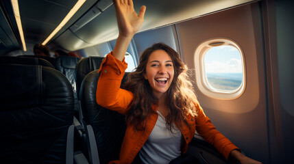 young happy traveler woman inside an airplane, dressed in orange