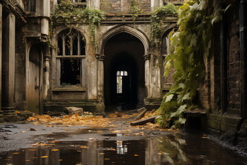 Ruins of an Old Building with Puddle of Water - obrazy, fototapety, plakaty
