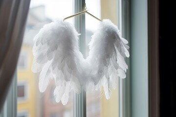 Angels wings hanging. White and delicate piece feathers rack window. Generate AI