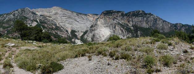 Wide green meadow against the background of high misty mountain ranges. Mediterranean mountain landscape: steep slopes, high rocky cliffs, greenery.