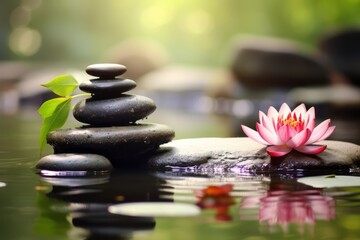 Naklejka na ściany i meble Spa Stones And Waterlily With Fountain In Zen Garden - Asian Culture