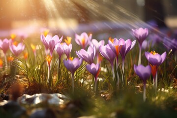 Spring Flowers - Crocus Blossoms On Grass With Sunlight 