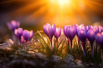 Spring Flowers - Crocus Blossoms On Grass With Sunlight 