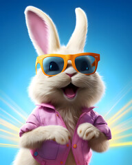 A happy smiling and colorful Easter Bunny wearing sunglasses