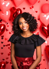 Obraz na płótnie Canvas Beautiful black young woman posing in Valentine's day decorations, vertical photo