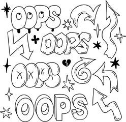 Hand drawn doodle set with word OOPS in retro 90s style. Collection of outline stars and arrows. Black hand drawn sketchy signs and words in bubble, street style graffiti. Perfect for social media