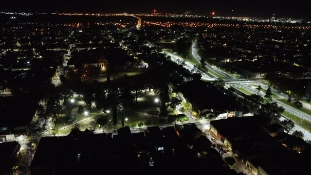 Aerial drone image at night of a city.