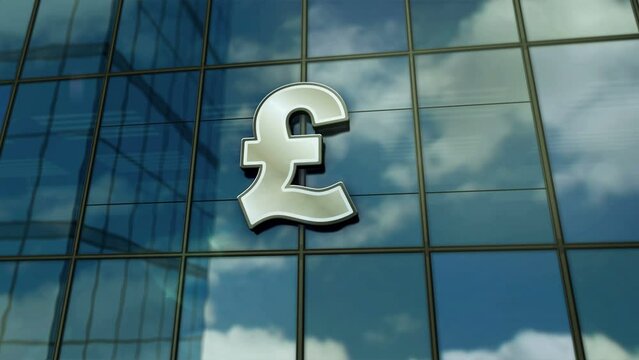 Pound Sterling UK GPB glass building concept. British money symbol banking and GB economy symbol on front facade 3d.