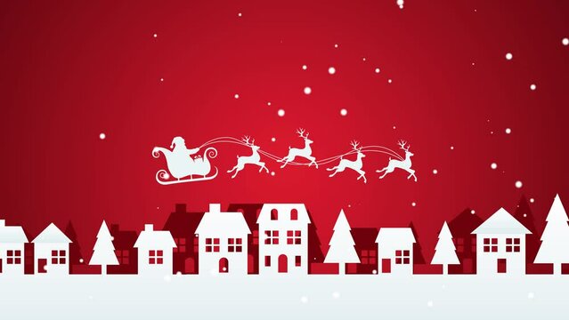 Santa Claus flying with his reindeer over the Christmas trees and houses, flat 2D animation red background with snowflakes