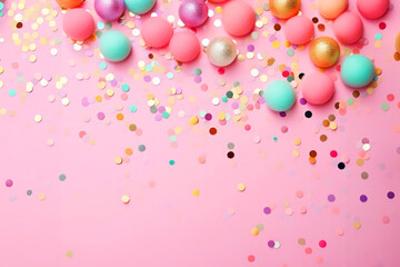 Fototapeta na wymiar Festive abstract background with colorful confetti on pink background, pastel colors, copy space for text. Background for March 8, Valentine's day, birthday