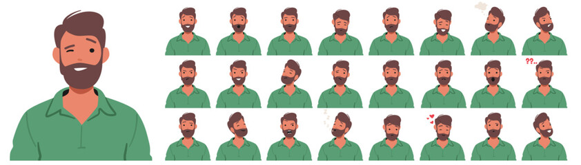 Man Facial Emotions Set. Male Character Radiates Joy Through the Smile, Furrow Brows, Angry, Fall in Love , Shocked
