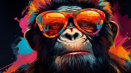 Chimpanzee in sunglasses, bright image in graffiti style. - obrazy, fototapety, plakaty