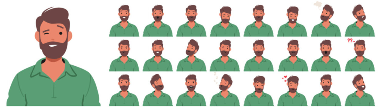Man Facial Emotions Set. Male Character Radiates Joy Through the Smile, Furrow Brows, Angry, Fall in Love , Shocked