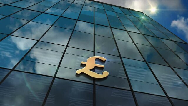 Pound Sterling UK GPB glass building looping time lapse concept. British money symbol banking and GB economy symbol on front facade 3d seamless and loopable.