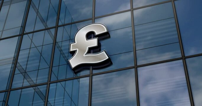 Pound Sterling UK GPB glass building concept. British money symbol banking and GB economy symbol on front facade 3d.