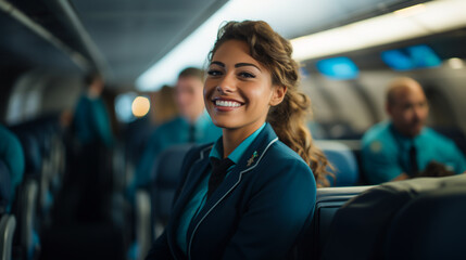 beautiful smiling latin woman in her stewardess uniform, inside an airplane 
