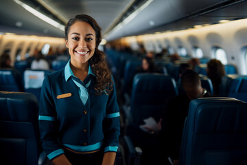 portrait of smiling stewardess in front view on an airplane, welcoming passengers - obrazy, fototapety, plakaty