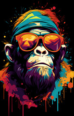 Chimpanzee in sunglasses, bright image in graffiti style.