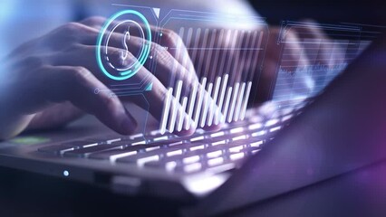 Trader working on laptop with dollar rate charts. - Powered by Adobe