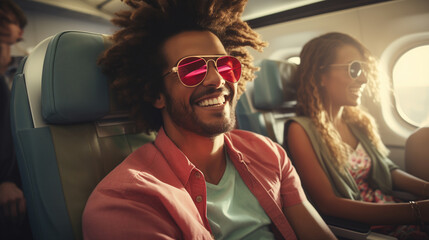 smiling african american man with glasses traveling on an airplane, with a pink shirt - obrazy, fototapety, plakaty