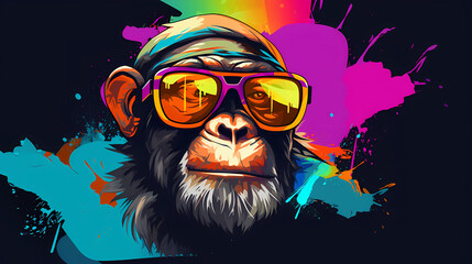 Chimpanzee in sunglasses, bright image in graffiti style.