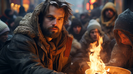 Fototapeta premium People warm themselves near the fire of the barrel on the street. Refugee, homeless, emigrant, beggar concept.