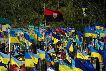 Ukrainian flags standing over the graves of fallen soldiers