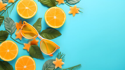 Orange slices, green leaves and sunglasses background with copy space
