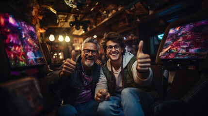 Nerd geek young adult and senior man playing online game show thumb up, gamers. - obrazy, fototapety, plakaty