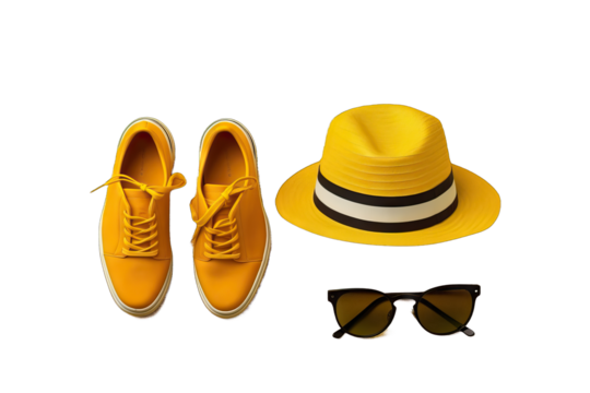 headwear eyewear footwear playful chic modern minimalistic colourful sunny summer bright vibrant trendy shoe style accessory fashion h sunglasses pair shoes yellow background created Technology