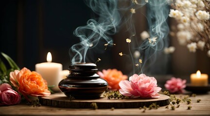 Obraz na płótnie Canvas Aromatherapy concept, aromatic incense sticks and candles, spa and wellness background,