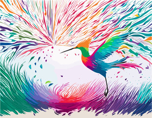 Bird of paradise. Stylized image of a multi-colored heron standing on the shore of a pond. Vector illustration on white background.