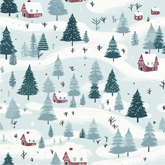 Seamless pattern of  winter landscape with trees and snow