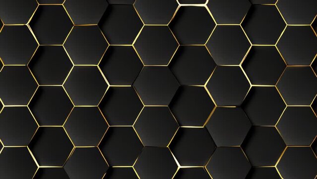  Luxury triangle abstract black metal background with golden light lines. Dark 3d geometric texture illustration. Bright grid pattern. Pure black horizontal banner wallpaper. Carbon elegant wedding