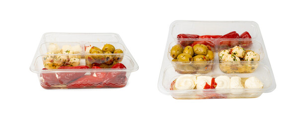 Italian Antipasti Set with Small Peppers Stuffed with Cream Cheese, Pickled Olives, Marinated Mushrooms,