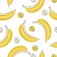 Cartoon bananas pattern.Vector seamless pattern of bananas, yellow slice banana snack. Yellow tropical fruits. Exotic sweet desserts. Healthy food illustration in doodle style