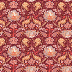 Seamless pattern, ornament with leotard and cinquefoil, flowers and leaves on a red background in the Morris style. Small format. Digital illustration. Suitable for interior, wallpaper, fabrics, cloth