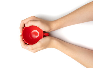 Hand Holds Cup Isolated, Empty Red Cup in Hands, Coffee Mug, Teacup, Hot Beverage Mockup