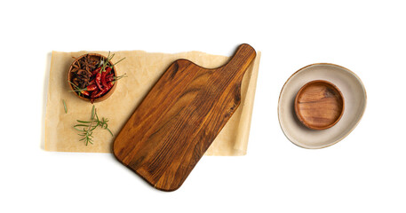 Wood Cutting Board Mockup Isolated, Vintage Chopping Board Background, Empty Cut Desk Top View
