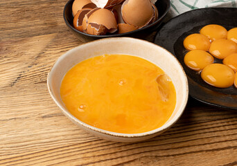 Beaten Egg Yolks in Bowl, Fresh Chicken Eggs for Cooking