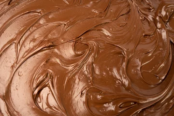 Fotobehang Melt Chocolate Texture Background, Chocolate Sauce Pattern, Cocoa Hazelnut Cream, Textured Chocolate © ange1011