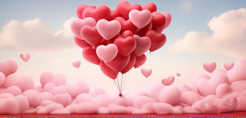 A mesmerizing red heart-shaped balloon surrounded by a cloud of smaller heart-shaped balloons against a pastel pink backdrop, radiating joy and love.