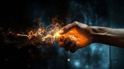 Hand holding energy flame. Created using Ai technology.